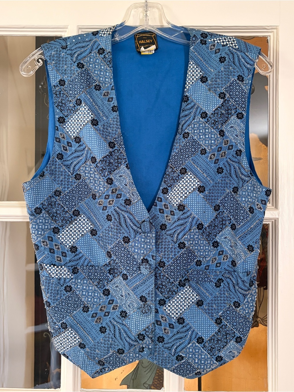 Vintage Halsey Collection Vest SZ M Blue Geometric Beaded Cotton Patchwork Boho